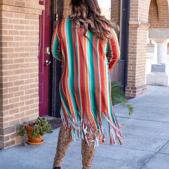 Women's Southwestern Duster with Fringes Serape Stripes Size - Picture 3 of 5